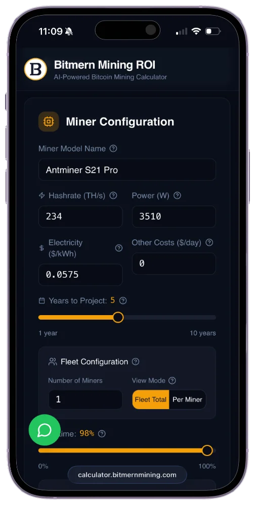 Bitmern calculator on mobile