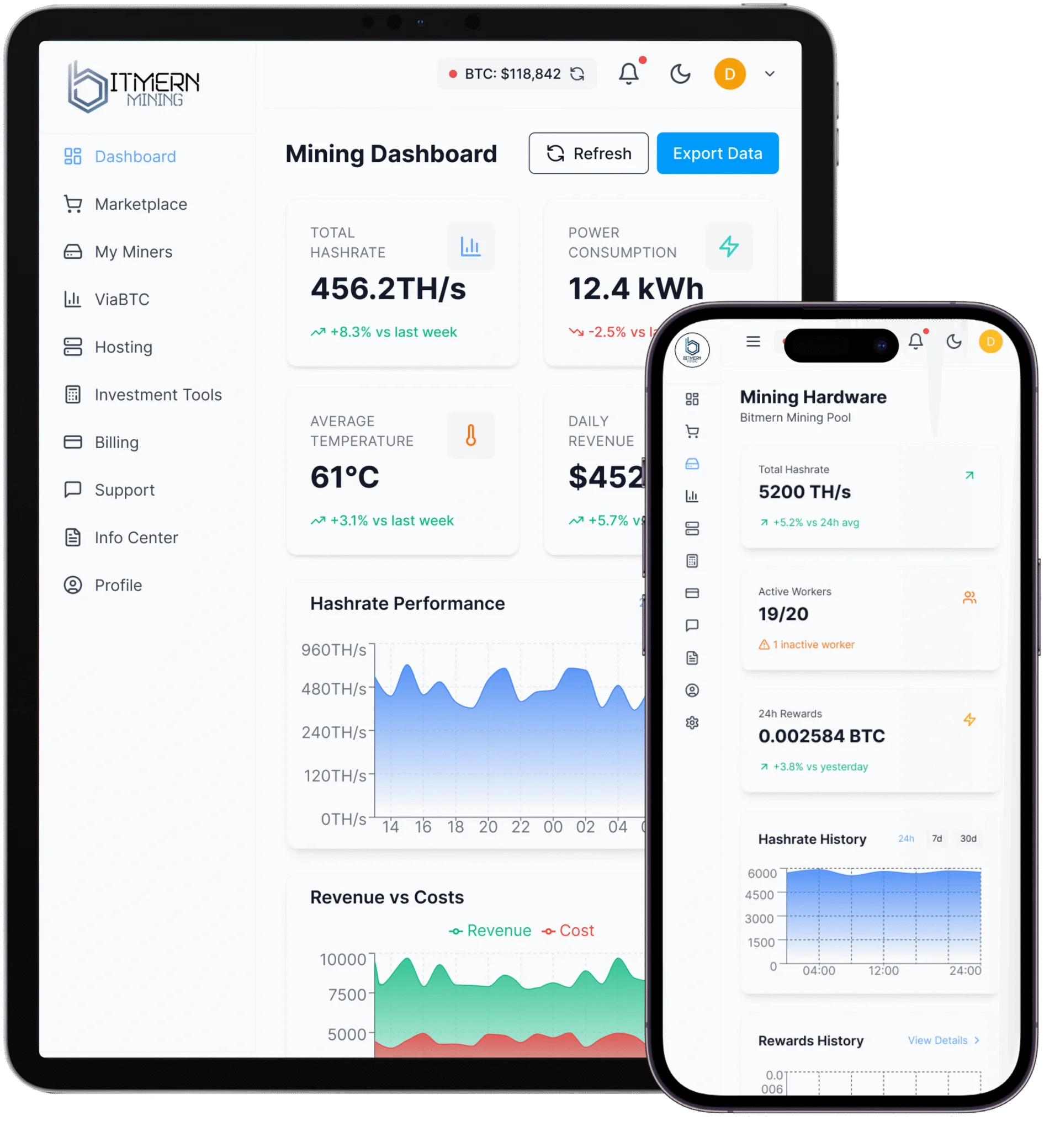Bitmern SuperApp dashboard — real-time miner monitoring
